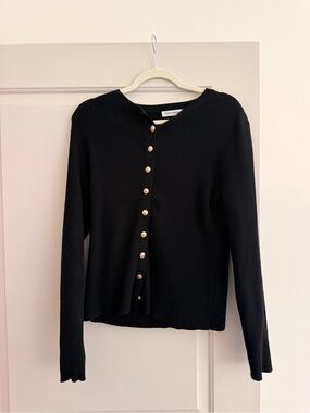 Black Ribbed Button-Front Cardigan
